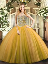 Custom Designed Sleeveless Tulle Floor Length Lace Up Quinceanera Gown in Gold with Beading