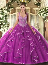  Fuchsia Lace Up Sweet 16 Dress Beading Sleeveless Floor Length