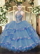  Blue Sleeveless Organza Lace Up 15th Birthday Dress for Sweet 16 and Quinceanera