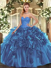 Low Price Ball Gowns Quinceanera Dress Blue Sweetheart Organza Sleeveless Floor Length Lace Up