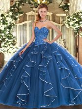 Elegant Blue Ball Gowns Beading and Ruffles Sweet 16 Dress Lace Up Tulle Sleeveless Floor Length