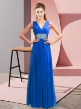 Luxury Blue Chiffon Lace Up Prom Dresses Sleeveless Floor Length Beading and Ruching