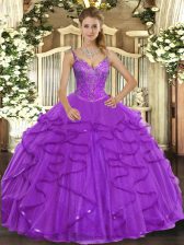  V-neck Sleeveless Lace Up Sweet 16 Dress Eggplant Purple Tulle