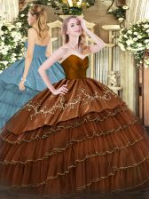  Brown Sweetheart Zipper Embroidery and Ruffled Layers 15th Birthday Dress Sleeveless