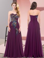 Elegant Sweetheart Sleeveless Prom Evening Gown Floor Length Embroidery Dark Purple Chiffon