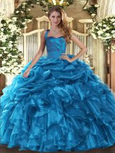 New Style Baby Blue Ball Gowns Organza Halter Top Sleeveless Ruffles and Pick Ups Floor Length Lace Up Quinceanera Dress