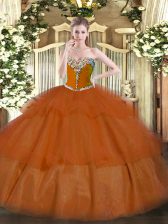 High End Rust Red Sweetheart Lace Up Beading and Ruffled Layers Quinceanera Gown Sleeveless