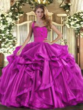 Pretty Fuchsia Organza Lace Up Halter Top Sleeveless Floor Length 15 Quinceanera Dress Ruffles