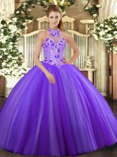 Best Purple Ball Gowns Tulle Halter Top Sleeveless Embroidery Floor Length Lace Up Vestidos de Quinceanera
