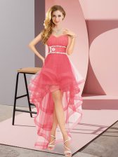  High Low Lace Up Prom Evening Gown Coral Red for Prom and Party with Beading