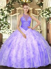  Lavender Ball Gowns High-neck Sleeveless Organza Floor Length Lace Up Beading and Ruffles Ball Gown Prom Dress