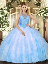 Ideal Floor Length Baby Blue Quinceanera Gown Organza Sleeveless Beading and Ruffles