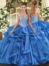 Exceptional Blue Lace Up Straps Beading and Ruffles Quinceanera Dress Organza Sleeveless