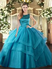 Designer Scoop Sleeveless Lace Up Quince Ball Gowns Teal Tulle