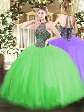 Wonderful Halter Top Sleeveless Vestidos de Quinceanera Floor Length Beading Tulle