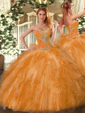  Orange Ball Gowns Sweetheart Sleeveless Organza Lace Up Beading and Ruffles 15th Birthday Dress