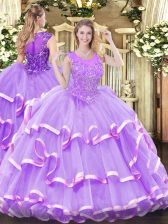 Artistic Lavender Organza Zipper Scoop Sleeveless Floor Length 15 Quinceanera Dress Beading and Ruffled Layers