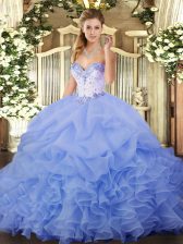  Lavender Ball Gowns Sweetheart Sleeveless Organza Floor Length Lace Up Beading and Ruffles and Pick Ups 15 Quinceanera Dress