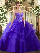  Floor Length Lace Up Quince Ball Gowns Purple for Military Ball and Sweet 16 and Quinceanera with Embroidery and Ruffled Layers