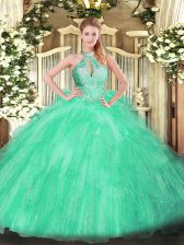  Apple Green Lace Up Halter Top Beading and Ruffles Ball Gown Prom Dress Organza Sleeveless