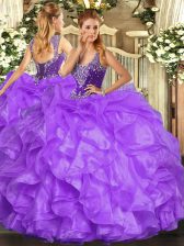 Fancy Lavender Lace Up Straps Beading and Ruffles Quinceanera Gowns Organza Sleeveless