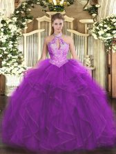 Extravagant Floor Length Lace Up Quince Ball Gowns Purple for Military Ball and Sweet 16 and Quinceanera with Ruffles and Sequins