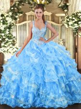  Organza Straps Sleeveless Lace Up Beading and Ruffled Layers Quinceanera Dress in Baby Blue