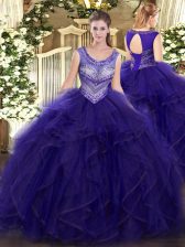 Inexpensive Beading and Ruffles Sweet 16 Quinceanera Dress Purple Lace Up Sleeveless Floor Length