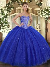  Royal Blue Ball Gowns Sweetheart Sleeveless Tulle Floor Length Lace Up Beading Sweet 16 Dresses