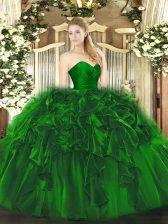  Dark Green Ball Gown Prom Dress Military Ball and Sweet 16 and Quinceanera with Ruffles Sweetheart Sleeveless Lace Up