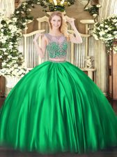 Classical Sleeveless Floor Length Beading Lace Up Quince Ball Gowns with Green