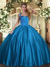 Beauteous Blue Satin Lace Up 15th Birthday Dress Sleeveless Floor Length Ruching