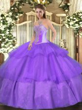 Fitting Lavender Ball Gowns Tulle Sweetheart Sleeveless Beading and Ruffled Layers Floor Length Lace Up Sweet 16 Dress
