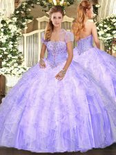 Dazzling Sleeveless Floor Length Appliques and Ruffles Lace Up Quince Ball Gowns with Lavender