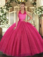  Sleeveless Tulle Floor Length Lace Up 15th Birthday Dress in Hot Pink with Sequins