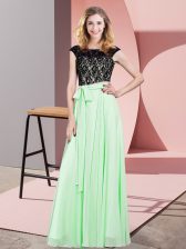  Chiffon Scoop Sleeveless Lace Up Lace and Belt Prom Gown in Apple Green