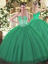 Fine Turquoise Ball Gowns Sweetheart Sleeveless Tulle and Sequined Floor Length Lace Up Beading Quinceanera Gown