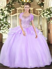  Lavender Tulle Clasp Handle Scoop Sleeveless Floor Length Quince Ball Gowns Beading and Ruffles