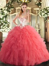  Sleeveless Tulle Floor Length Lace Up Quinceanera Dresses in Watermelon Red with Beading and Ruffles