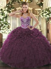  Burgundy Tulle Lace Up Sweetheart Sleeveless Floor Length Sweet 16 Quinceanera Dress Beading and Ruffled Layers