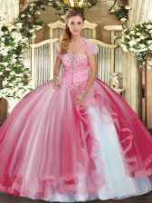 Deluxe Pink Ball Gowns Strapless Sleeveless Tulle Floor Length Lace Up Beading and Ruffles 15 Quinceanera Dress