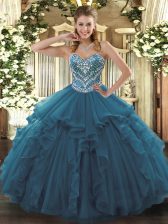  Floor Length Lace Up Sweet 16 Quinceanera Dress Teal for Military Ball and Sweet 16 and Quinceanera with Beading and Ruffles