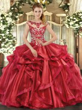  Cap Sleeves Appliques and Ruffles Lace Up Quince Ball Gowns