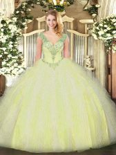 Low Price Yellow Green Sleeveless Floor Length Beading and Ruffles Lace Up Quinceanera Dress
