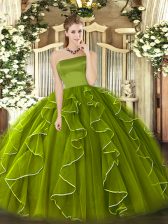  Olive Green Ball Gowns Strapless Sleeveless Tulle Floor Length Zipper Ruffles Quinceanera Gown