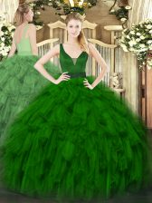 Smart Dark Green 15th Birthday Dress Military Ball and Sweet 16 and Quinceanera with Beading and Ruffles Straps Sleeveless Zipper