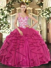 Captivating Tulle Sleeveless Floor Length Quinceanera Gowns and Beading and Appliques and Ruffles
