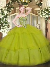 Sumptuous Floor Length Lace Up 15 Quinceanera Dress Olive Green for Military Ball and Sweet 16 and Quinceanera with Beading and Ruffled Layers