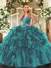 Spectacular Teal Mermaid Organza Straps Sleeveless Beading and Ruffles Floor Length Lace Up Quinceanera Gowns