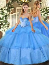 Elegant Baby Blue Sleeveless Floor Length Beading and Ruffled Layers Lace Up Quinceanera Dresses